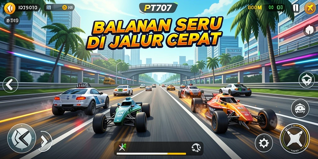 Screenshot utama gameplay PT707 yang menampilkan balapan seru di jalur cepat.