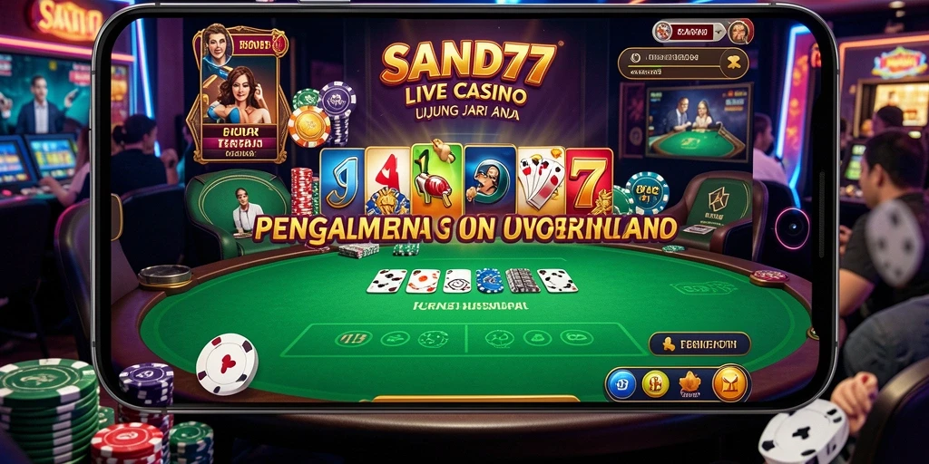 Tampilan gameplay langsung SAND77 dengan dealer dan permainan kasino.